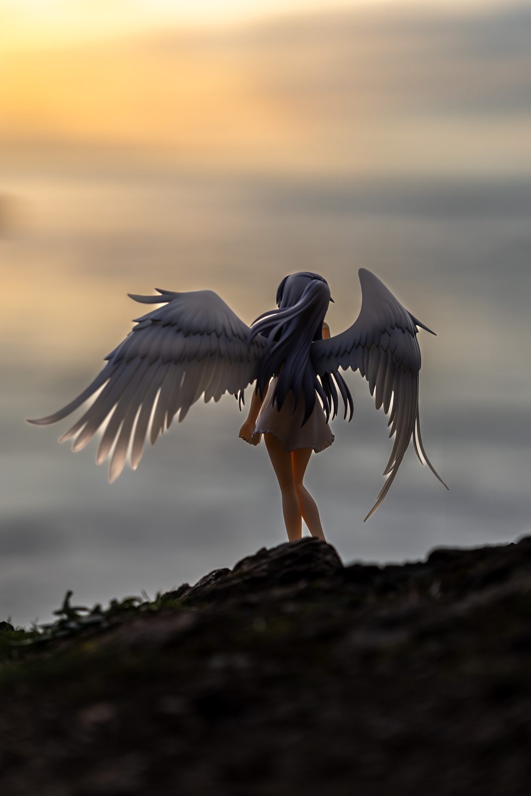 Winged figure facing sunset